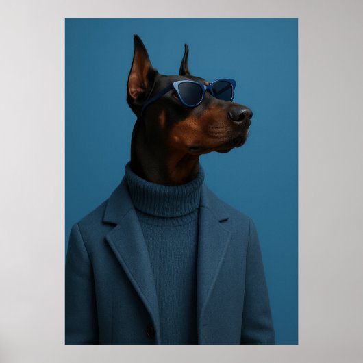 Dapper Doberman in Blue Turtleneck and Sunglasses Poster (Voorkant)