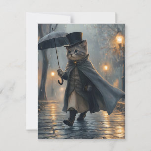 Dapper kat wandelen in de regen met een paraplu briefkaart