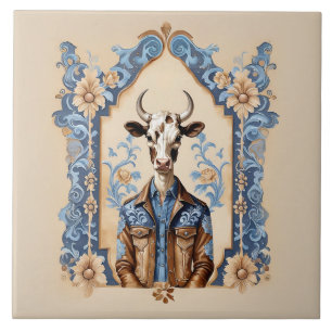 Dapper Old Wild West Cowboy Funny Koe Art Tegeltje