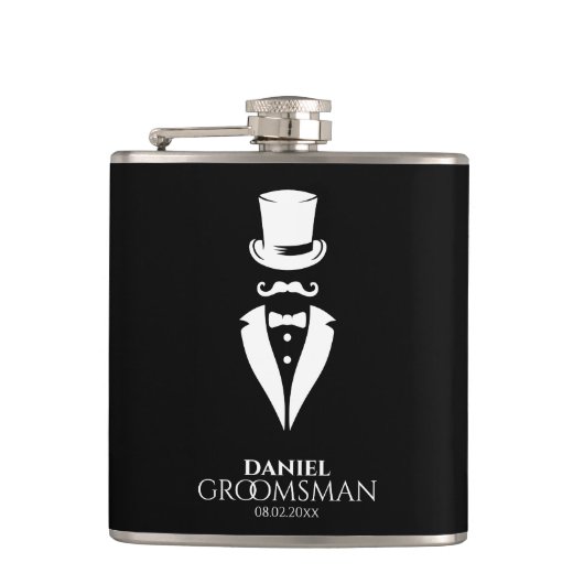 Dapper Top-pet Tux Gepersonaliseerde Groomsmen Fla Heupfles (Voorkant)