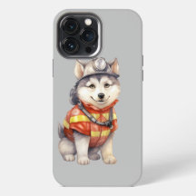 Dappere brandweerman Siberische Husky-hond Eert