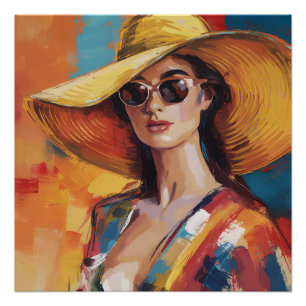 Dappere moderne vrouw in gouden hoed Abstract port Perfect Poster
