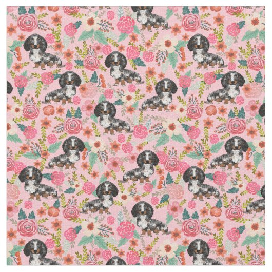 Dapple Dachshund florals roze Stof (Close Up)