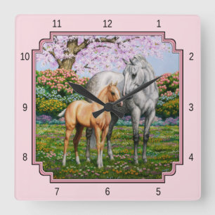 Dapple Gray Quarter Horse Mare Palomino Foal Pink Vierkante Klok