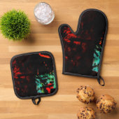 Dark abstract autumn pot holder and oven mitt,Bold Ovenwant & Pannenlap Set (Top down)