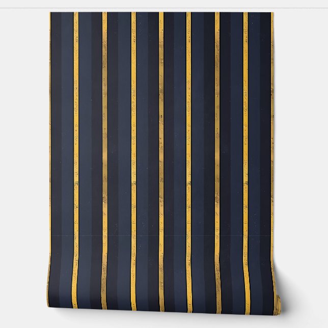 Dark Academia Alternating Blues en Gold Stripes Behang (Afrollen)