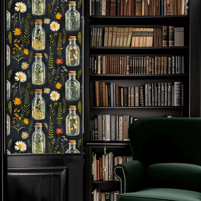 Dark Academia Flessenbloemen Behang (Dark Academia Bottled Flowers Wallpaper  in a library.)