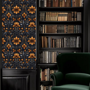 Dark Academia Sinaasappel en Grey Decorative Fleur Behang