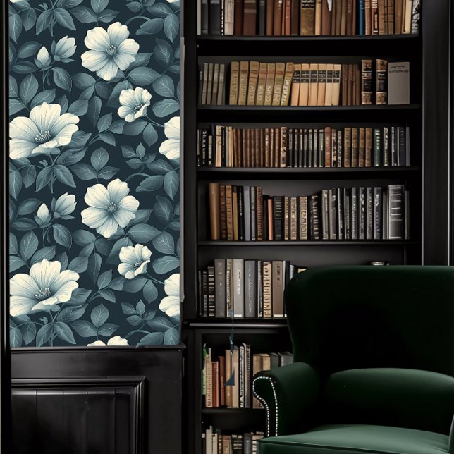 Dark Academia Turquoise papier peint floral monoch (Dark Academia Teal Monochromatic Floral Wallpaper Wallpaper in a library.)