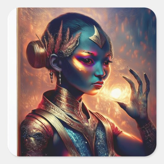 Dark Alien Princess Poses With Fiery Background Vierkante Sticker (Voorkant)