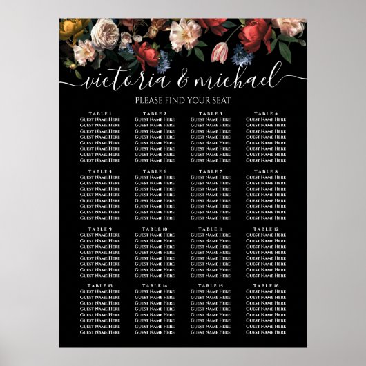 Dark and Moody Rembrandt Floral Seating Chart 16 Poster (Voorkant)
