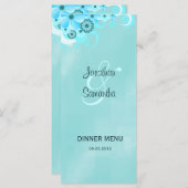 Dark Aqua Blue Floral Mariage Dîner Carte Menu (Devant / Derrière)