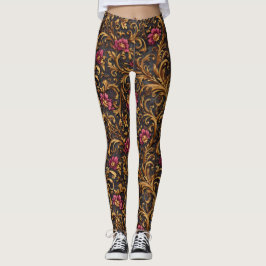 Dark Baroque Floral with Gold Scrolls Leggings