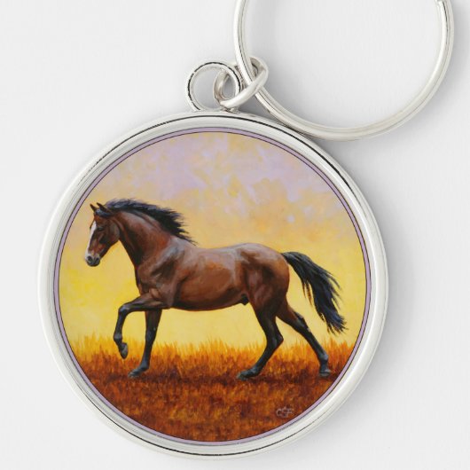 Dark Bay Stallion Horse Galloping Sleutelhanger (Voorkant)