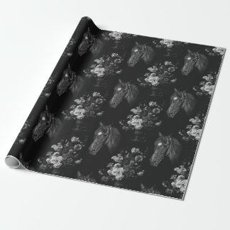 Dark Black Elegant Vintage Horse Floral Cadeaupapier