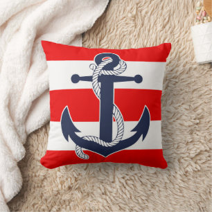 Dark Blue Anchor Chic Nautical Red Stripes Patroon Kussen
