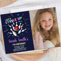 Dark Blue Bowling Anniversaire Invitations avec ph