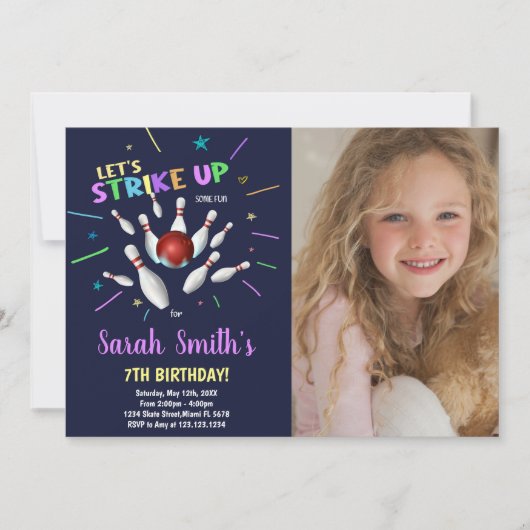 Dark Blue Bowling Anniversaire Invitations avec ph (Devant)