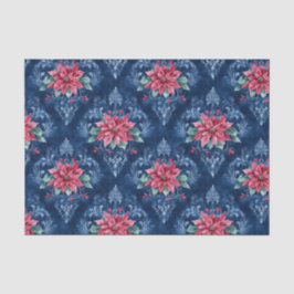 Dark Blue Damask with Red Poinsettia Flowers Tissuepapier