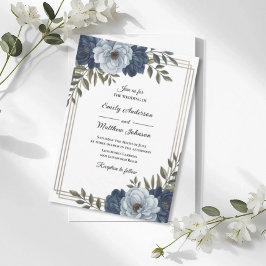 Dark Blue Floral Frame Wedding Invitation Kaart