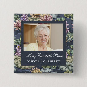 Dark Blue Floral Photo Funeral Vierkante Button 5,1 Cm
