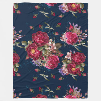 Dark Blue Floral Roos Fleece Blanket Deken
