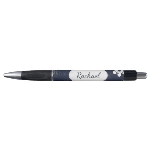 Dark Blue Flowers and Dots Pattern Personalised Pen (Voorkant)