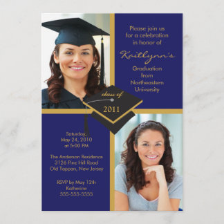 DARK Blue & Gold Photo Afstuderen Invitation Kaart