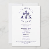 Dark Blue Ornate Christian Cross Wedding Initials Save The Date (Voorkant)