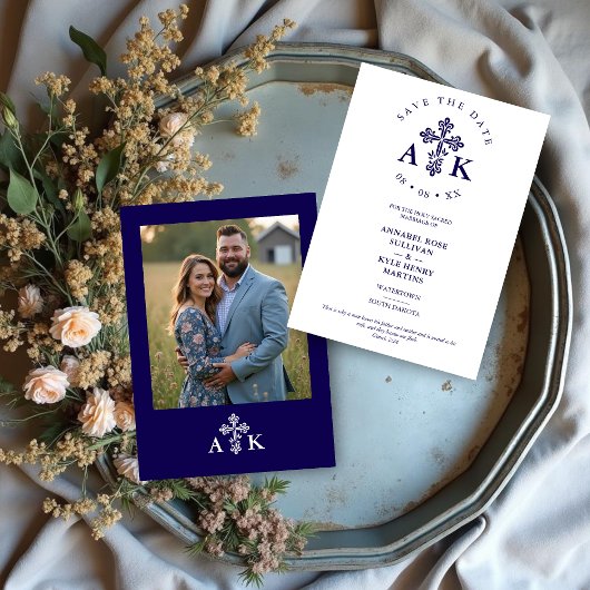 Dark Blue Ornate Christian Cross Wedding Initials Save The Date