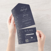 Dark Blue Silver Glitter QR Code Wedding All In One Uitnodiging (Afscheurbaar)