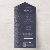 Dark Blue Silver Glitter QR Code Wedding All In One Uitnodiging (Binnen)