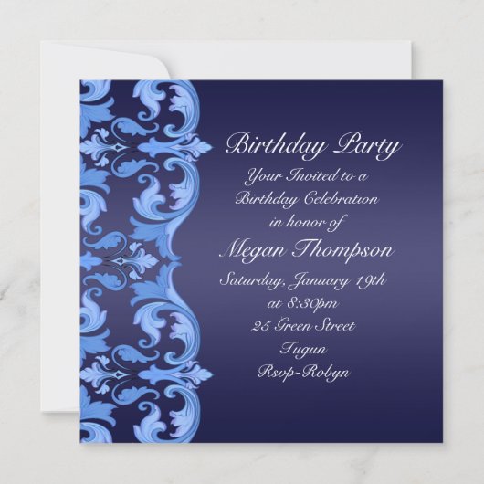 Dark Blue Swirl Damask Anniversaire Invitation (Devant)