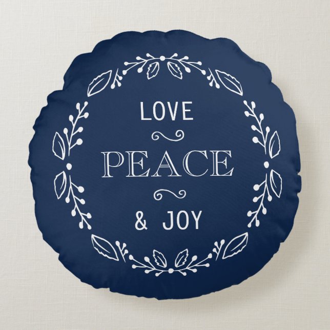 Dark Blue White Floral Holiday Peace Typografie Rond Kussen (Voorkant)