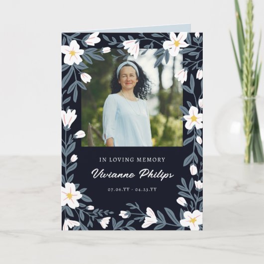 Dark Blue & White Floral Photo Funeral Programme (Voorkant)