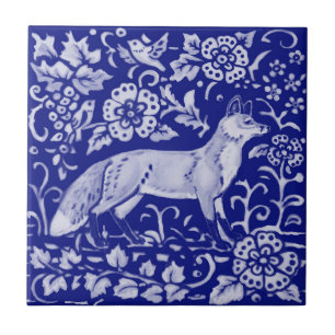 Dark Blue White Fox Bird Woodland Farmhouse 4 1/4" Tegeltje