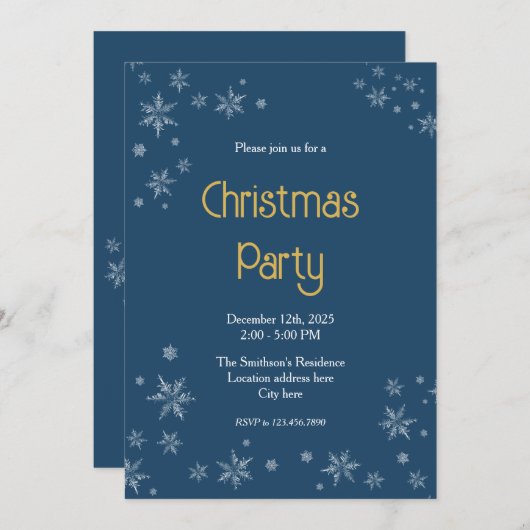 Dark Blue & White Snowflakes 5"x7" Christmas Party Kaart (Voorkant / Achterkant)