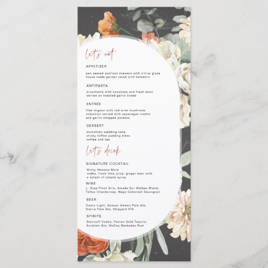 Dark Boho Floral | Menu Weddenschappen (Voorkant)