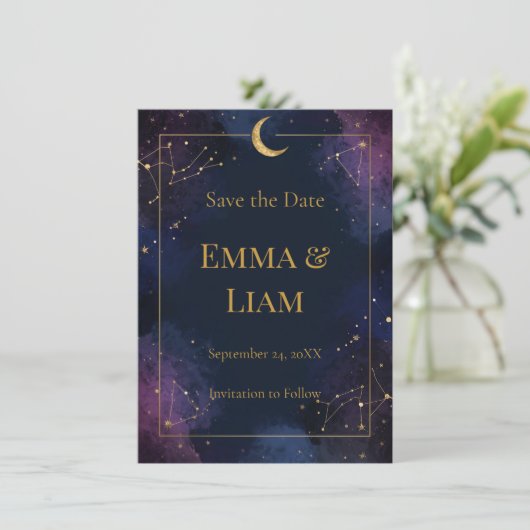 Dark Celestial Save the Date | Gold Constellations (Staand voorkant)