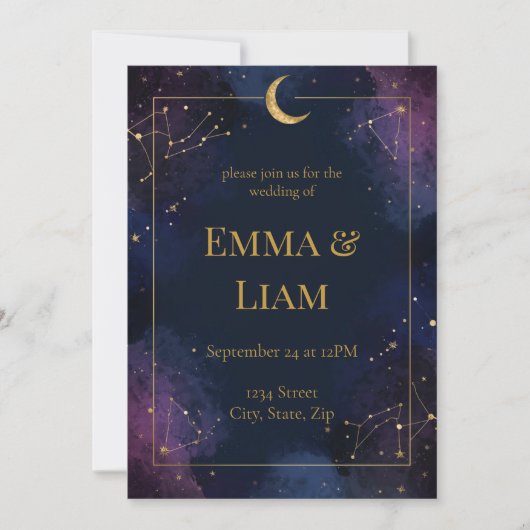 Dark Celestial Wedding Invitation | Purple & Navy Kaart (Voorkant)