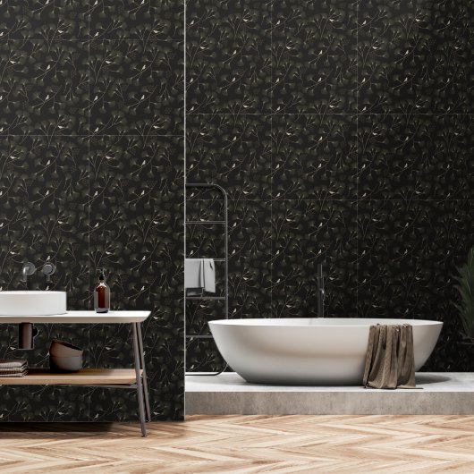 Dark Charcoal Bird & Pine Tree Pattern – Japandi  Behang (Badkamer)