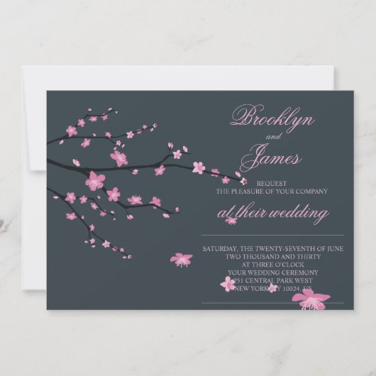 Dark Cherry Blossom Wedding Invites Kaart (Voorkant)