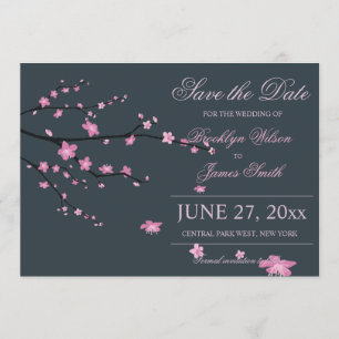 Dark Cherry Blossom Wedding Save the Date Kaarten