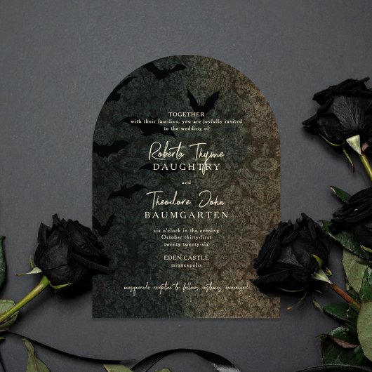 Dark Damask Romance Halloween bruiloft uitnodiging