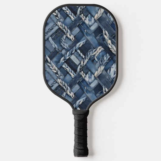 Dark Distressed Denim Patchwork And Braids Pickleball Paddle (Voorkant)