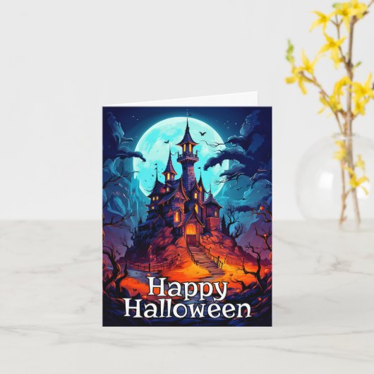 Dark Eerie Haunted House | Happy Halloween Kaart (Gele Bloem)