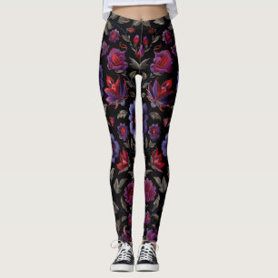 Dark Elegance: Black and Purple Floral Pattern Leggings