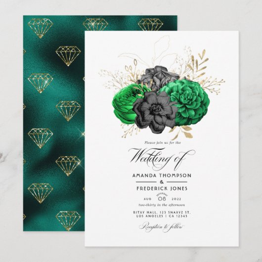 Dark Emerald en Gold Floral Wedding Invitation Kaart (Voorkant / Achterkant)