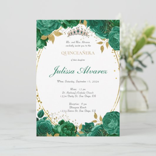 Dark Emerald Green Tiara Quinceanera Invitation (Debout devant)