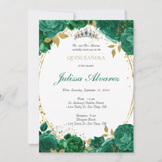Dark Emerald Green Tiara Quinceanera Invitation